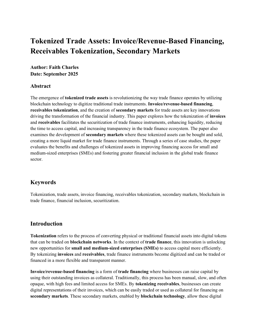 Tokenized Trade Assets: Invoice/Revenue-Based Financing